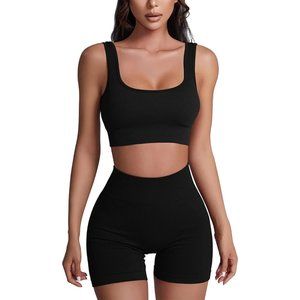 Women 2 Piece Ribbed Seamless Yoga Outfits Crop Tank Sports Bra Tracksuits
